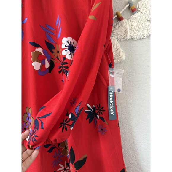 Modcloth Red Floral Aline Collared Mini Dress Boho Careerwear Peasant NWT M - Picture 5 of 9